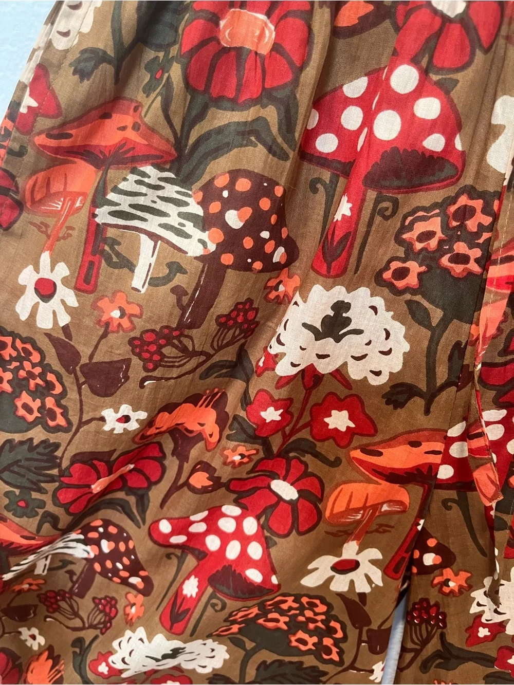 Fall Festive Wide-Leg Pants in Brown and Red Floral/Orange Mushroom Pattern